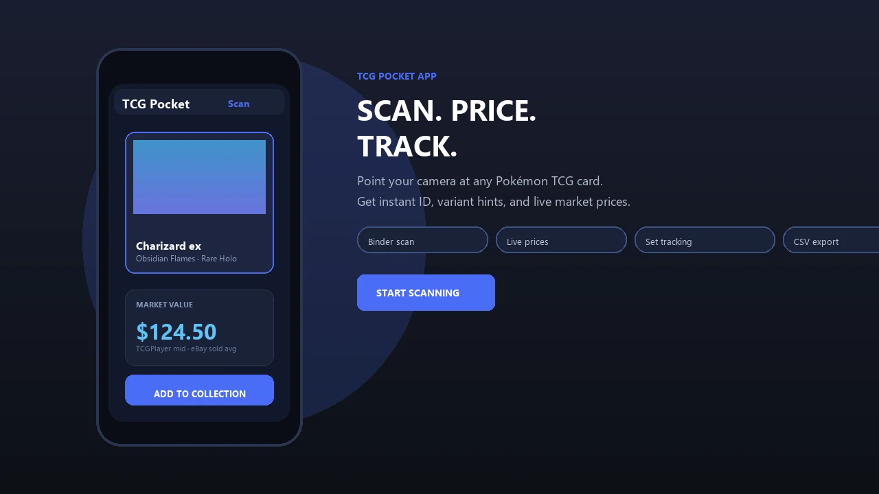 TCG Pocket App scanner screen showing Charizard ex with a live market price.
